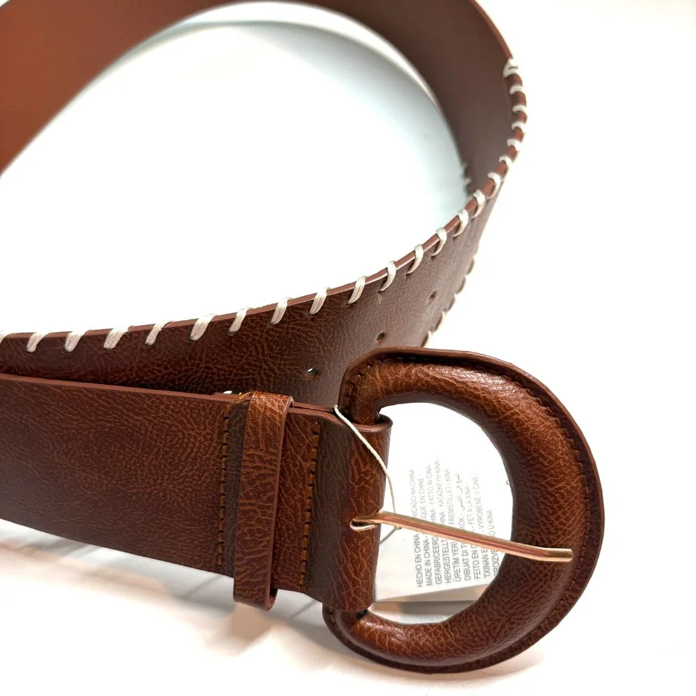 NWT Zara Brown Faux Leather Statement Belt with Overstitching in Size S